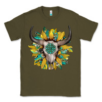 Army Green boho bullskull with sunflower and gemstone Classic Tee - Artiststas