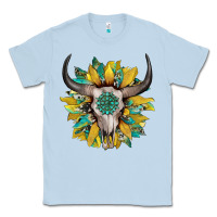Dusty Blue boho bullskull with sunflower and gemstone Classic Tee - Artiststas