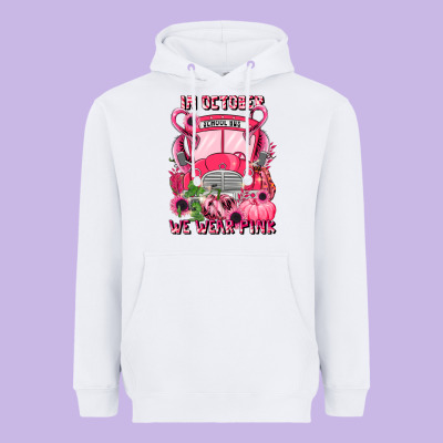 In October We Wear Pink Halloween School Bus Heavyweight Hoodie Designed By Lillyallendesigns