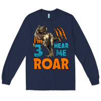 Navy i'm three hear me roar dinosaur birthday Long Sleeve Tee - LillyAllenDesigns