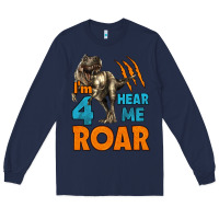 Navy i'm four hear me roar dinosaur birthday Long Sleeve Tee - LillyAllenDesigns