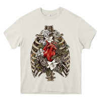 Cream Skeleton Rib Cage Heart Heavy Core Tee - RanaPortraitStore