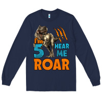 Navy i'm five hear me roar dinosaur birthday Long Sleeve Tee - LillyAllenDesigns