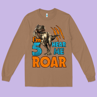 I'm Five Hear Me Roar Dinosaur Birthday Long Sleeve Tee Designed By Lillyallendesigns