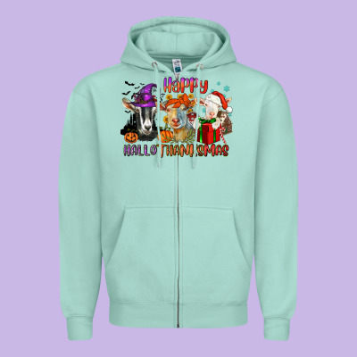 Happy Hallothanksmas Goats Zipper Hoodie Designed By Nancycooperartshop