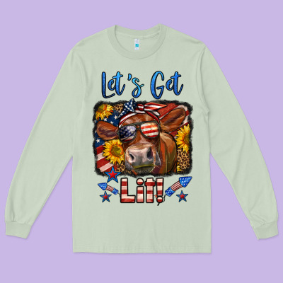 Let's Get Lit 4th Of July Cow Long Sleeve Tee Designed By Lillyallendesigns