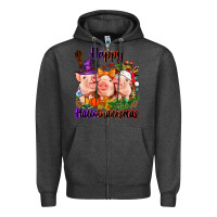 Charcoal Heather Happy Hallothanksmas Pigs Zipper Hoodie - NancyCooperArtShop