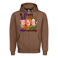 Chestnut Happy Hallothanksmas Pigs Zipper Hoodie - NancyCooperArtShop