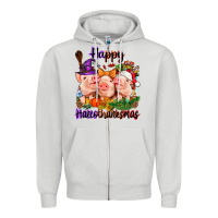 Dove Grey Happy Hallothanksmas Pigs Zipper Hoodie - NancyCooperArtShop