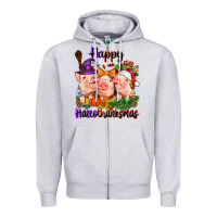 Heather Grey Happy Hallothanksmas Pigs Zipper Hoodie - NancyCooperArtShop