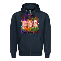 Navy Happy Hallothanksmas Pigs Zipper Hoodie - NancyCooperArtShop