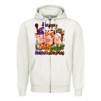 Oatmeal Heather Happy Hallothanksmas Pigs Zipper Hoodie - NancyCooperArtShop