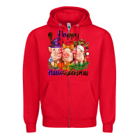 Red Happy Hallothanksmas Pigs Zipper Hoodie - NancyCooperArtShop