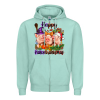 Seafoam Happy Hallothanksmas Pigs Zipper Hoodie - NancyCooperArtShop