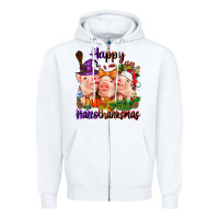 White Happy Hallothanksmas Pigs Zipper Hoodie - NancyCooperArtShop