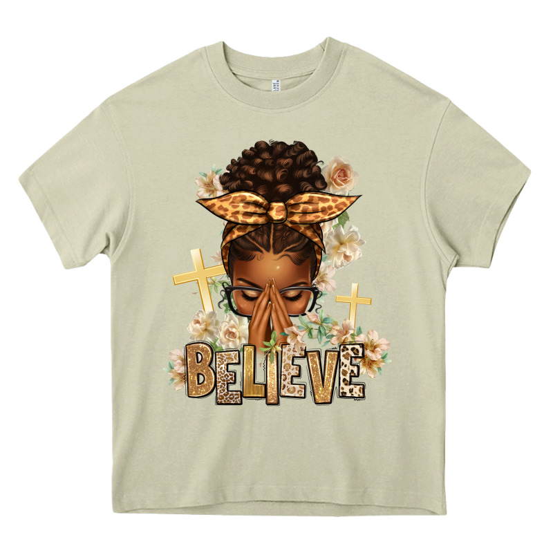 Believe Praying Afro Messy Bun Heavy Core Tee by texasbilliewilder | Teevron
