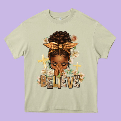 Believe Praying Afro Messy Bun Heavy Core Tee Designed By Texasbilliewilder