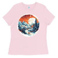 Bubblegum Pink deer snow house design Ladies Tee - Unal Design