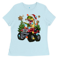 Baby Blue Christmas T-rex With Monster Truck Ladies Tee - MaliasSmallBusiness