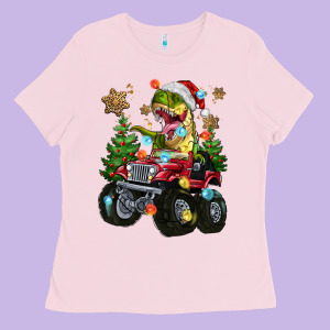 Christmas T-rex With Monster Truck Ladies Tee Designed By Maliassmallbusiness