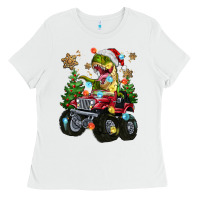 White Christmas T-rex With Monster Truck Ladies Tee - MaliasSmallBusiness