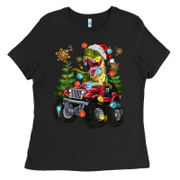 Black Christmas T-rex With Monster Truck Ladies Tee - MaliasSmallBusiness