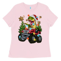 Bubblegum Pink Christmas T-rex With Monster Truck Ladies Tee - MaliasSmallBusiness