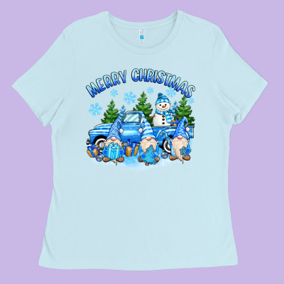 Ladies Tee merry christmas snowman gnomes truck
