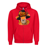 Red Thanksgiving Cow Zipper Hoodie - NancyCooperArtShop