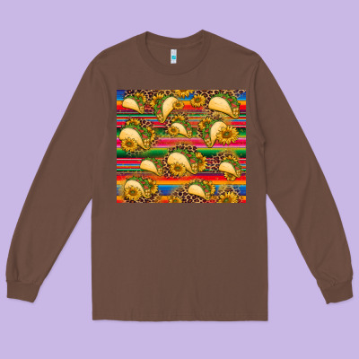 Tacos And Sunflowers With Serape Leopard Background Long Sleeve Tee Designed By Barkaloodesign
