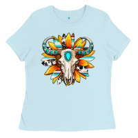 Baby Blue Western bull skull sunflower Ladies Tee - MaliasSmallBusiness