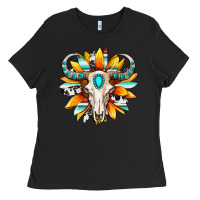 Black Western bull skull sunflower Ladies Tee - MaliasSmallBusiness