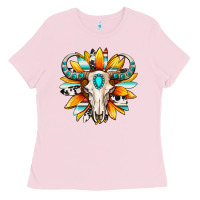 Bubblegum Pink Western bull skull sunflower Ladies Tee - MaliasSmallBusiness
