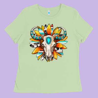 Ladies Tee Western bull skull sunflower