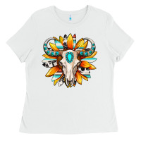 White Western bull skull sunflower Ladies Tee - MaliasSmallBusiness