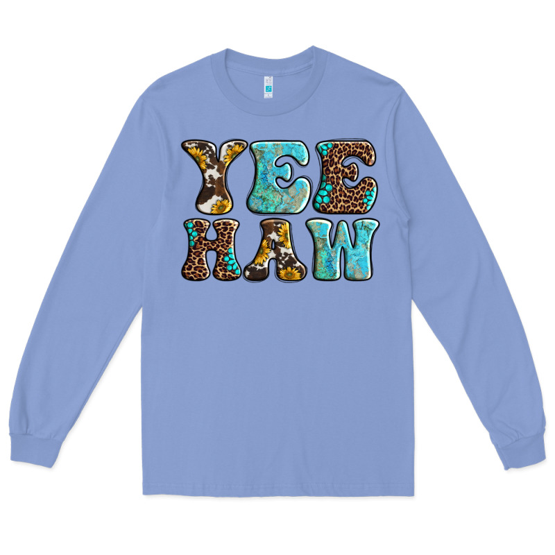 Western Sunflowers Turquoise Leopard Yee Haw Long Sleeve Tee by BarkalooDesign | Teevron