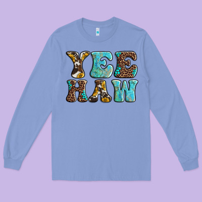 Western Sunflowers Turquoise Leopard Yee Haw Long Sleeve Tee Designed By Barkaloodesign