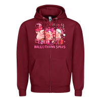Burgundy Happy Hallothanksmas Pigs pink Zipper Hoodie - NancyCooperArtShop