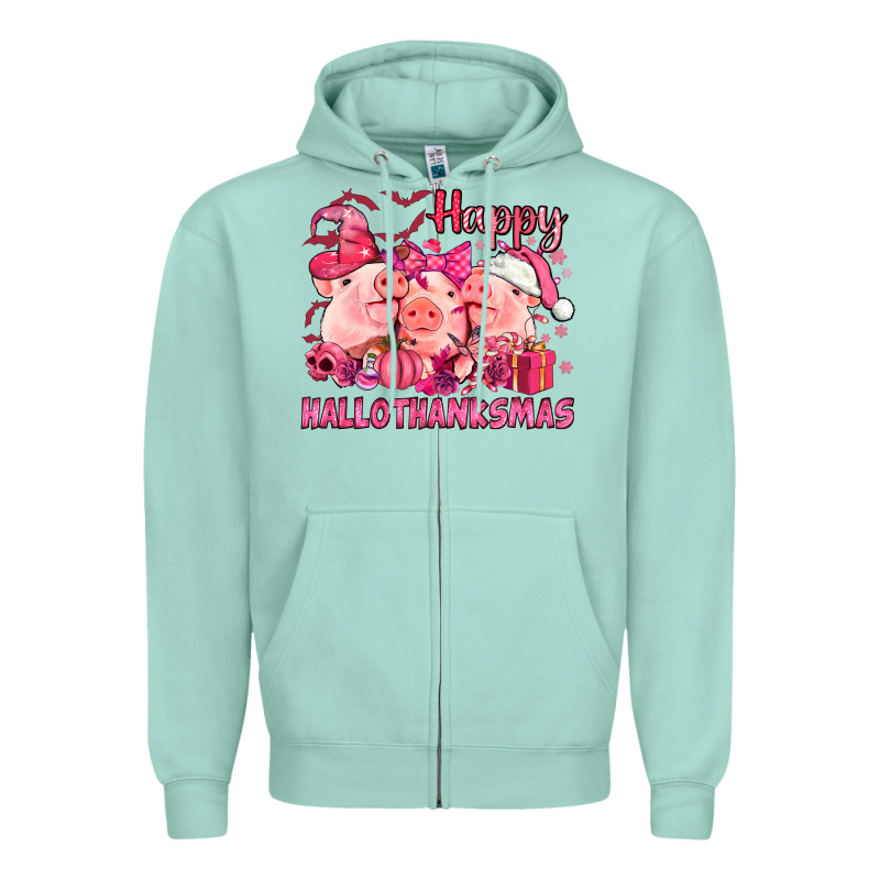 Happy Hallothanksmas Pigs Pink Zipper Hoodie by NancyCooperArtShop | Teevron