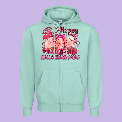 Happy Hallothanksmas Pigs Pink Zipper Hoodie Designed By Nancycooperartshop