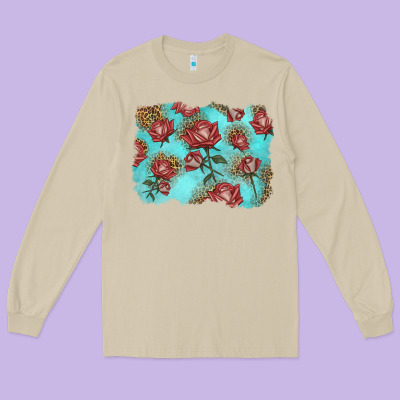 Red Roses With Leopard Background Long Sleeve Tee Designed By Lillyallendesigns