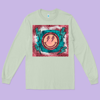 Western Lightning Bolt Smiling Face Turquoise Long Sleeve Tee Designed By Barkaloodesign