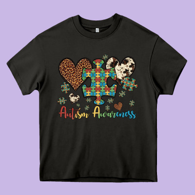 Autism Awareness Leopard Cowhide Herts Puzzle Heavy Core Tee Designed By Artiststas