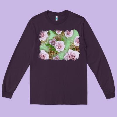 Pink Roses With Leopard Background Long Sleeve Tee Designed By Lillyallendesigns