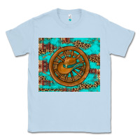 Dusty Blue cowboy hat turquoise aztec background old wheel Classic Tee - Artiststas