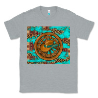 Heather Grey cowboy hat turquoise aztec background old wheel Classic Tee - Artiststas