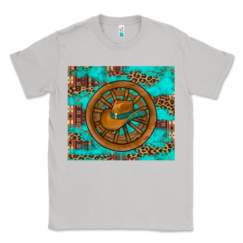 Cowboy Hat Turquoise Aztec Background Old Wheel Classic Tee by Artiststas | Teevron