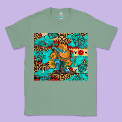 Cowboy Boots With Turquoise And Aztec Classic Tee Designed By Artiststas