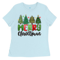 Baby Blue merry christmas trees Ladies Tee - MaliasSmallBusiness