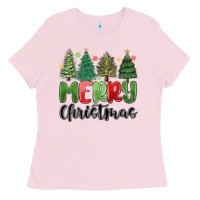 Bubblegum Pink merry christmas trees Ladies Tee - MaliasSmallBusiness